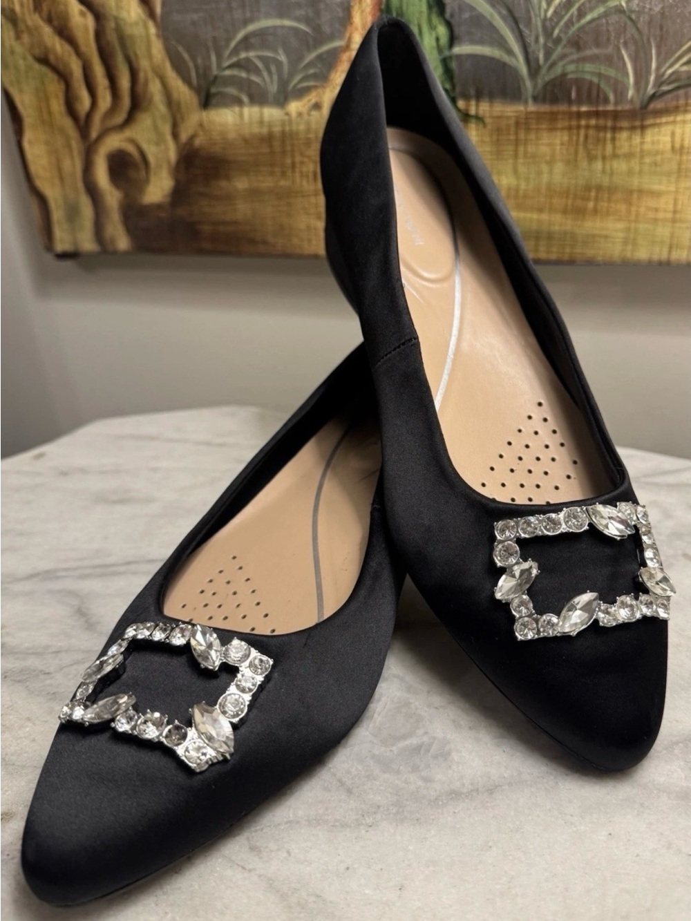 Easy Spirit Women’s Shoe Size 8.5 M, Black Satin Pointy Toe With Crystal Buckle